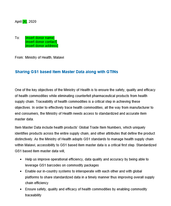 GS1 Item Master Data Request Letter Template USAID Global Health